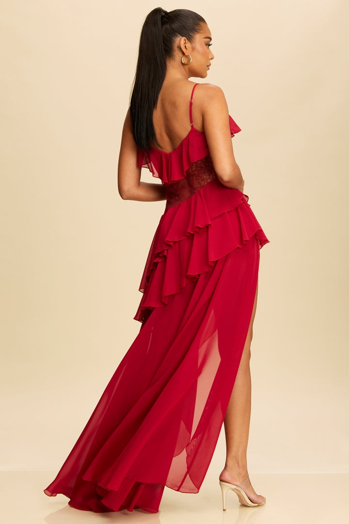 Vestido largo olanes asimetricos gasa con encaje vino