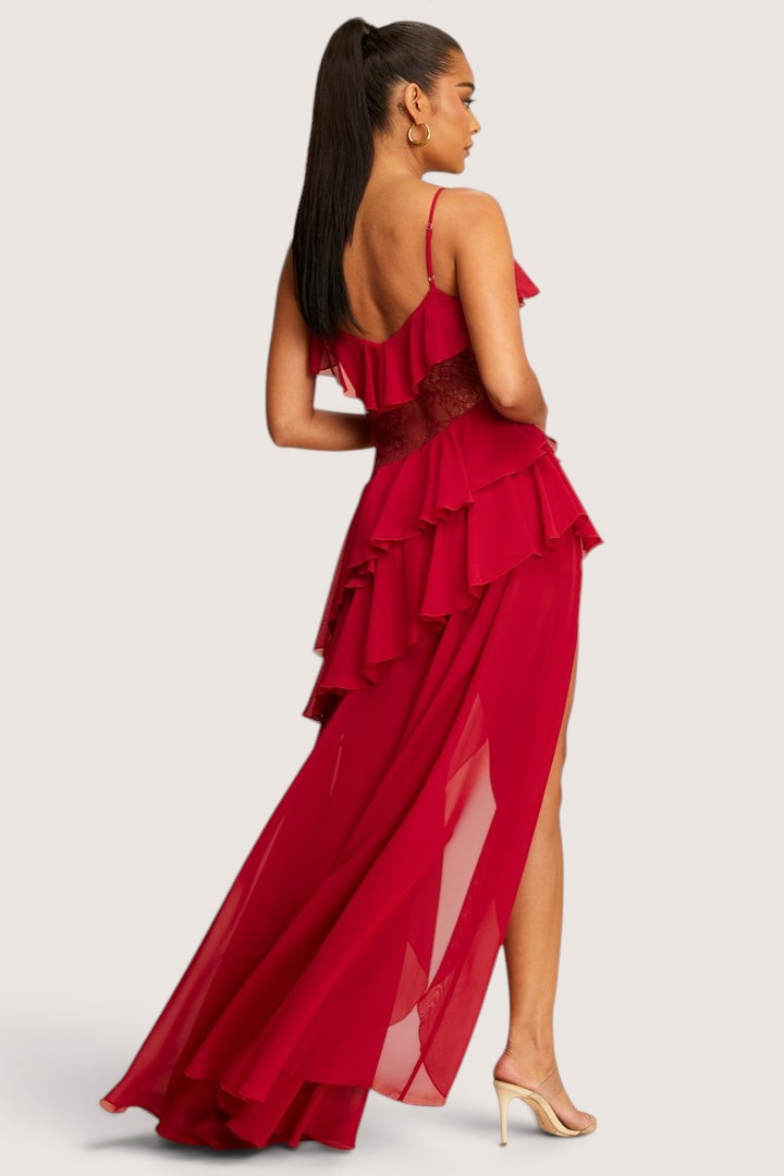 Vestido largo olanes asimetricos gasa con encaje vino