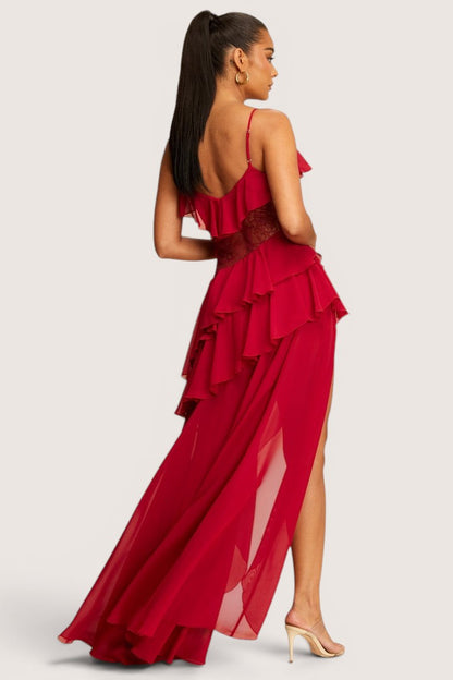 Vestido largo olanes asimetricos gasa con encaje vino
