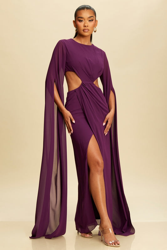 Vestido con Cuello alto Mangas Murcielago gasa Uva
