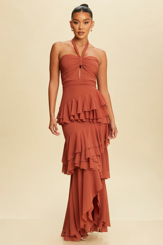 Vestido largo olanes halter shedron