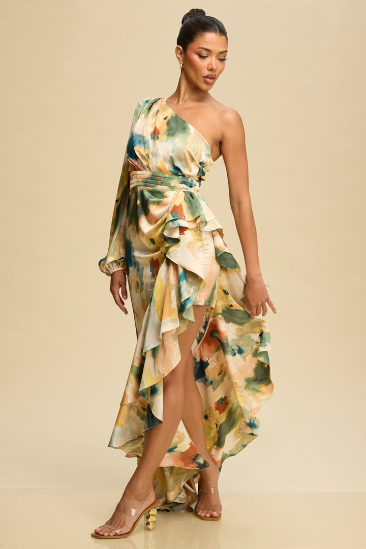 Vestido Asimétrico Estampado con Volantes-Preventa