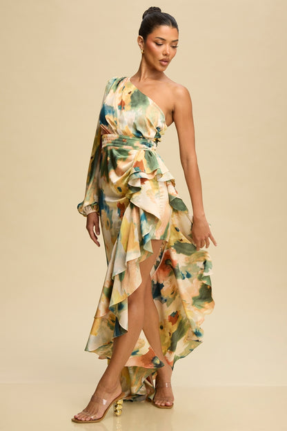 Vestido Asimétrico Estampado con Volantes-Preventa