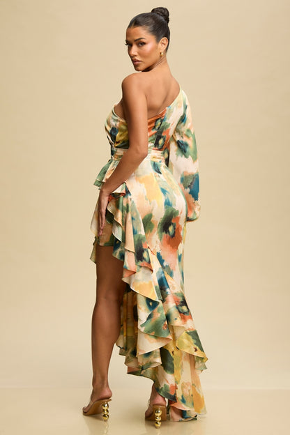 Vestido Asimétrico Estampado con Volantes-Preventa