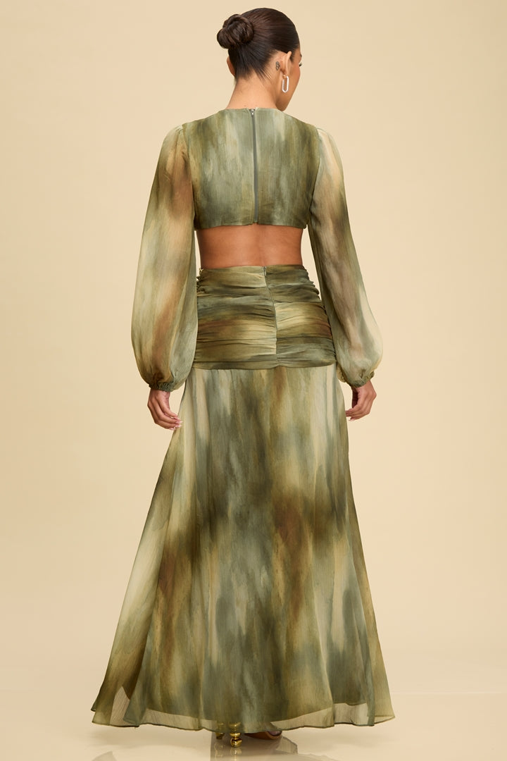 Vestido Largo Metálico Verde Olivo con Cut-Out y Aro Central-Preventa