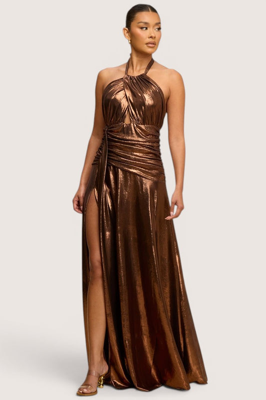 Vestido Largo Halter Satinado Bronce con Abertura
