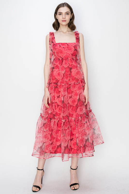 Vestido Midi  organza con Flores Rojo