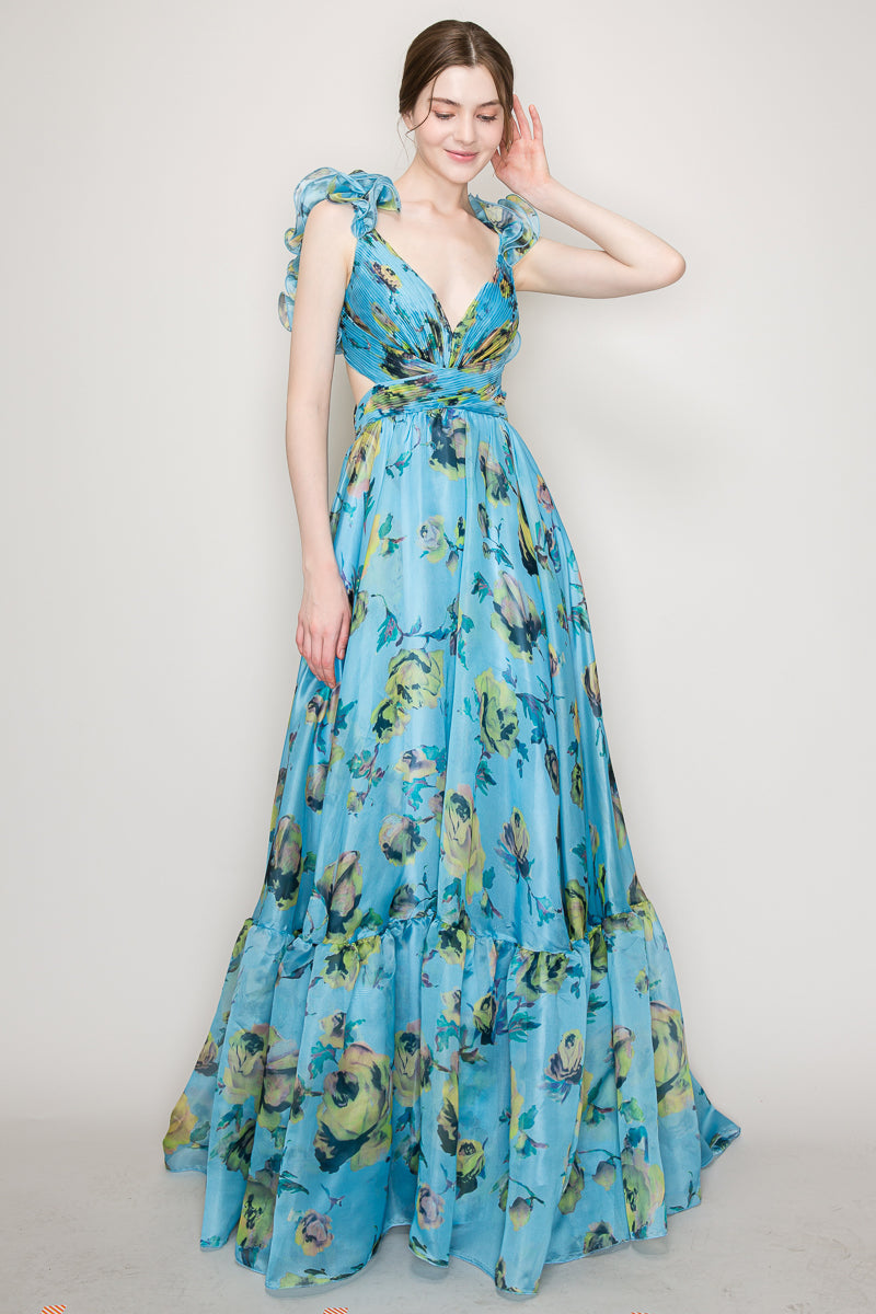 Vestido floreado Largo cut off hombros con olanes azul