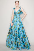 Vestido floreado Largo cut off hombros con olanes azul