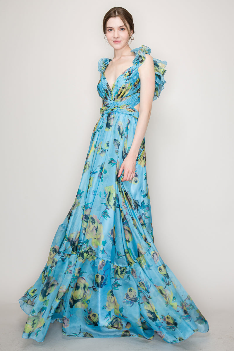 Vestido floreado Largo cut off hombros con olanes azul