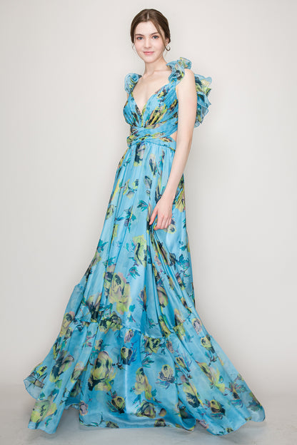 Vestido floreado Largo cut off hombros con olanes azul