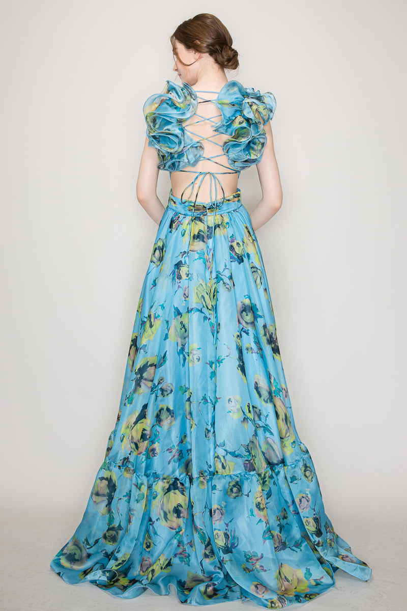 Vestido floreado Largo cut off hombros con olanes azul