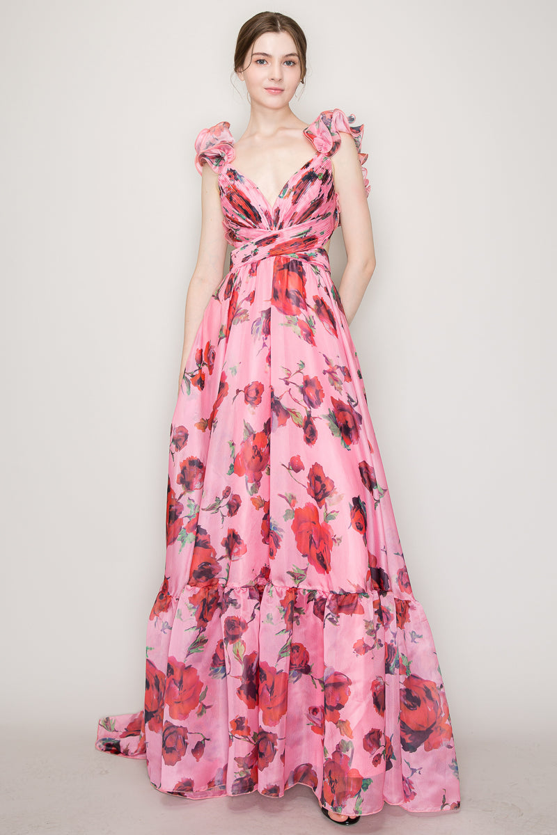 Vestido floreado Largo cut off hombros con olanes rosa