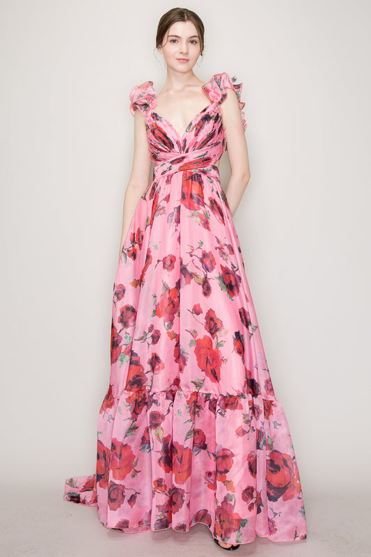 Vestido floreado Largo cut off hombros con olanes rosa