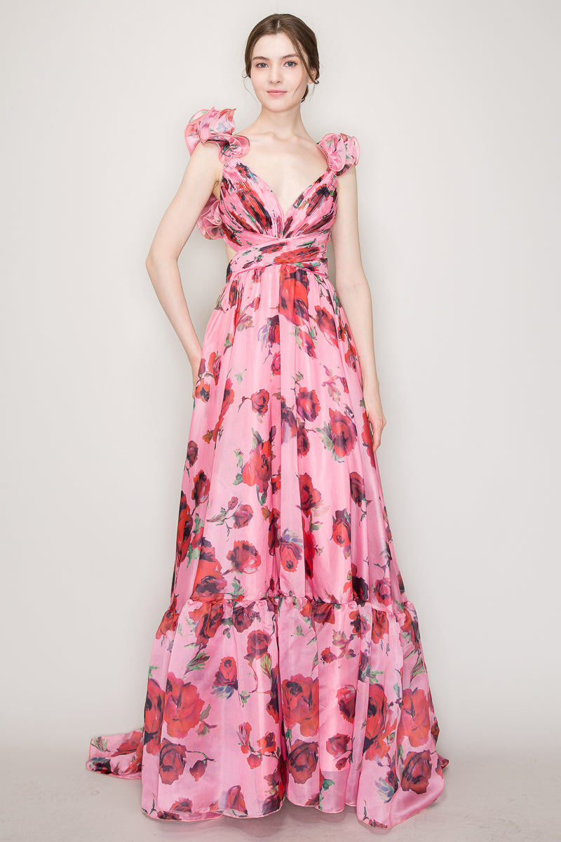 Vestido floreado Largo cut off hombros con olanes rosa