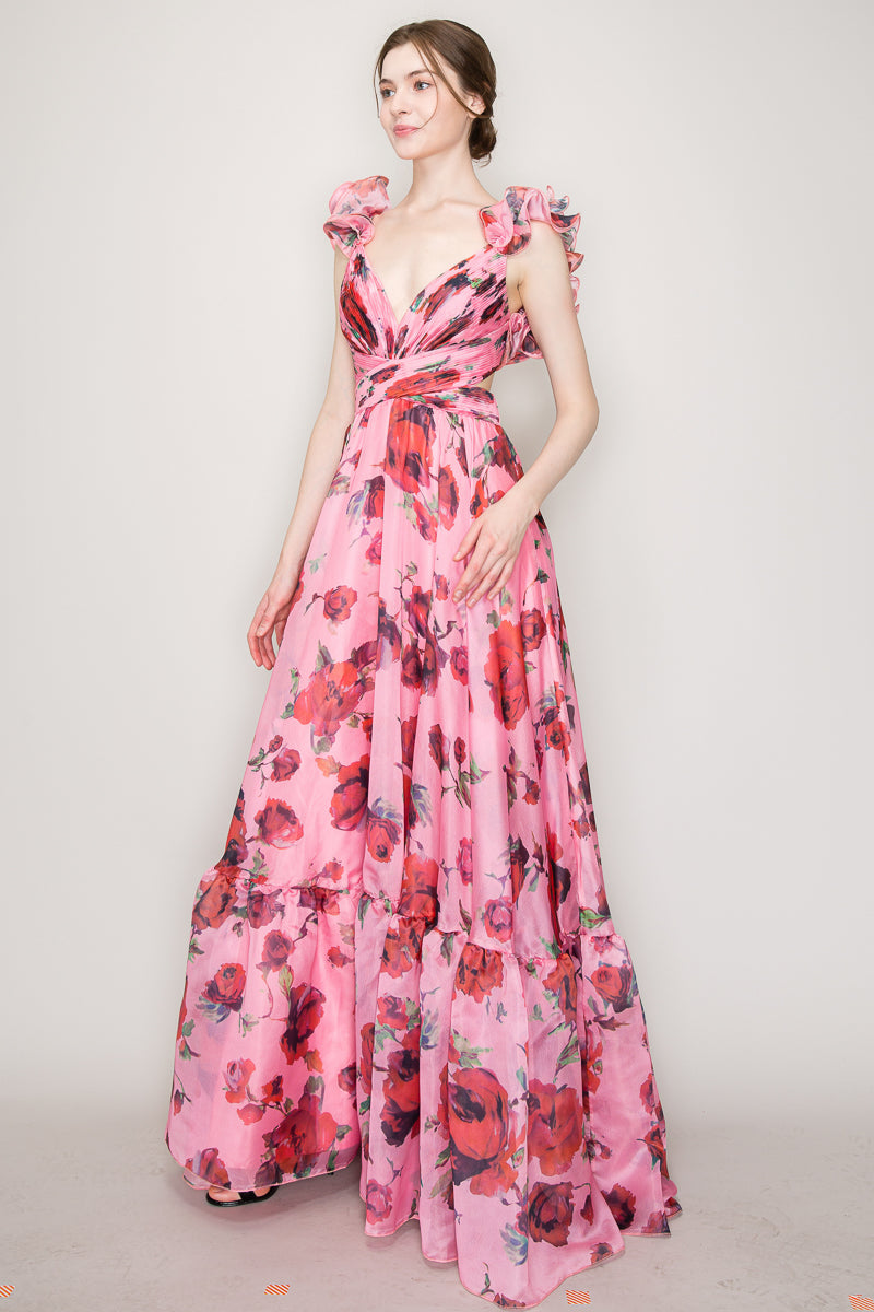 Vestido floreado Largo cut off hombros con olanes rosa