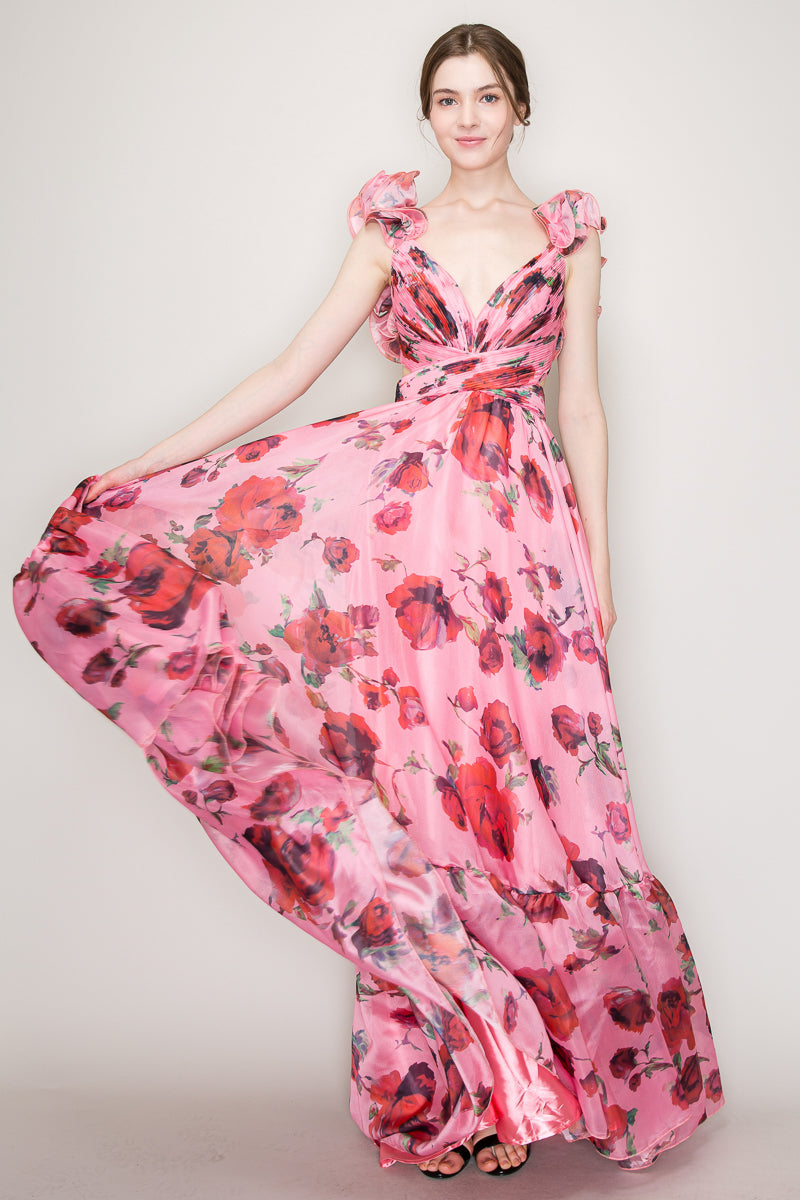 Vestido floreado Largo cut off hombros con olanes rosa