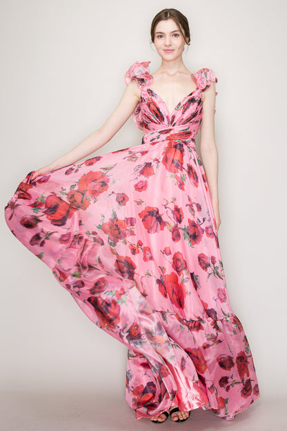 Vestido floreado Largo cut off hombros con olanes rosa