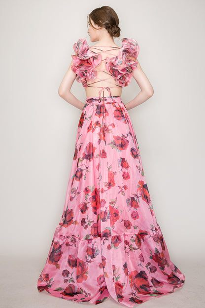Vestido floreado Largo cut off hombros con olanes rosa