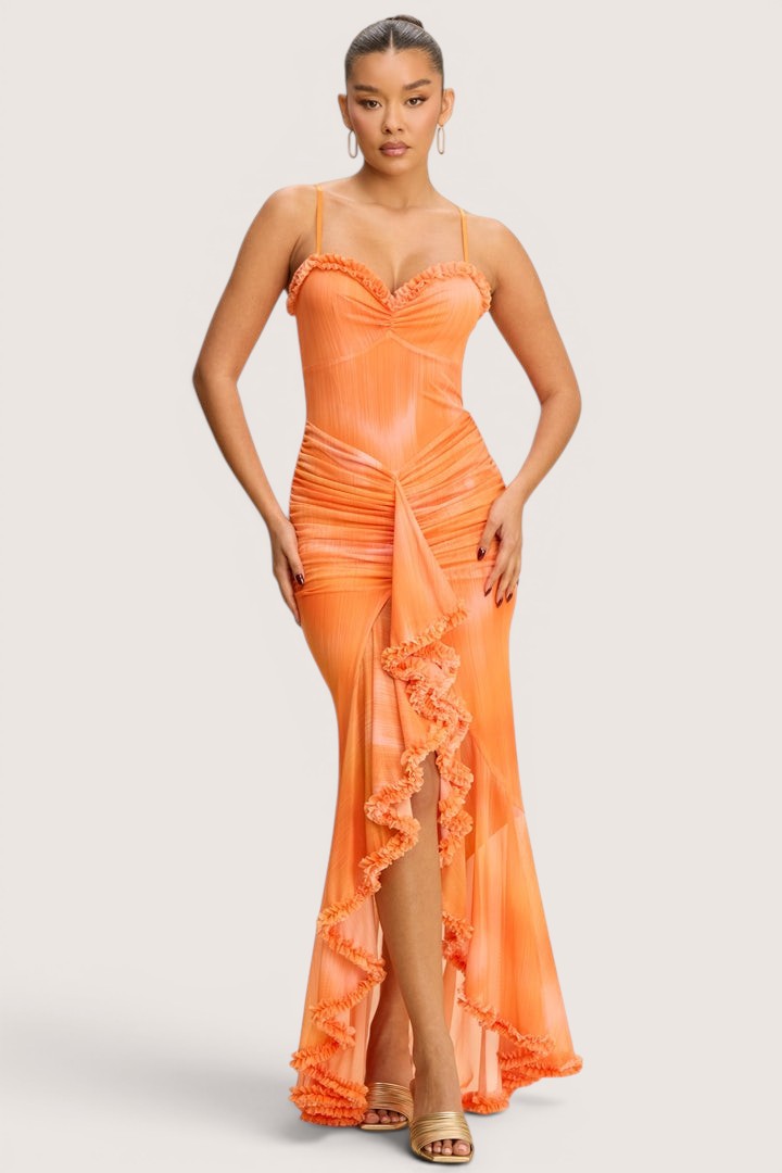 Vestido Corto Mesh Pegado Print Naranja | V260201