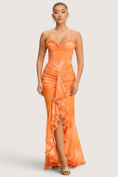 Vestido Corto Mesh Pegado Print Naranja | V260201