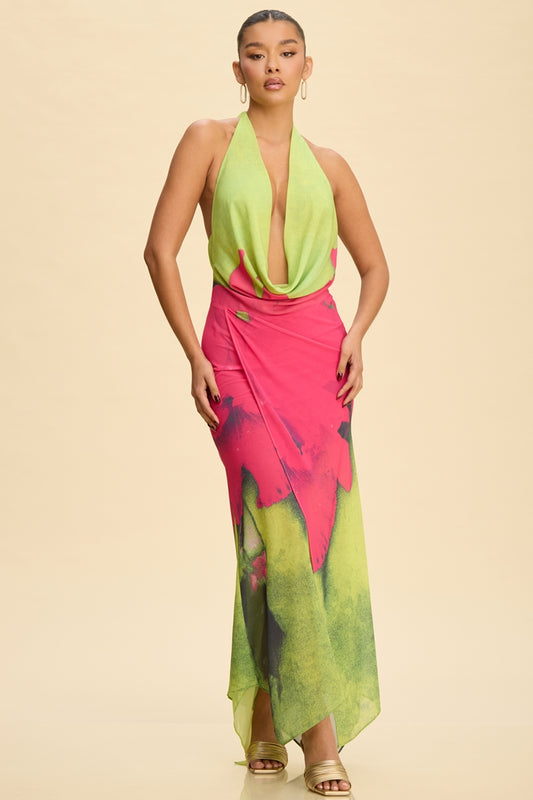 Vestido Largo Halter Floral Verde & Fucsia