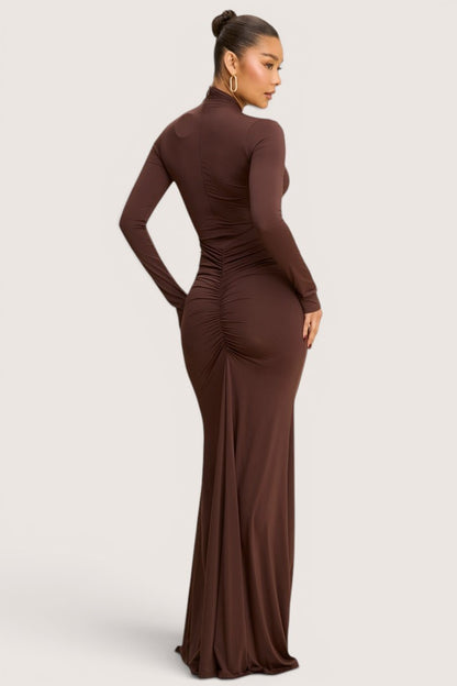 Vestido Largo Pegado Chocolate Manga Larga | V260205