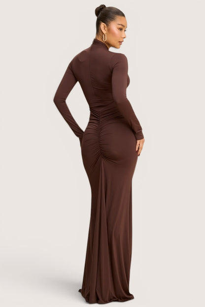 Vestido Largo Pegado Chocolate Manga Larga | V260205