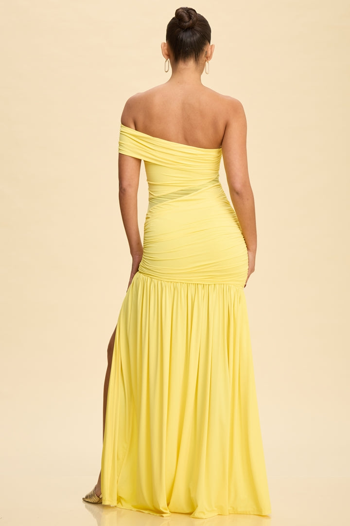 Vestido Largo Amarillo Escote Asimétrico Una Manga | V260207