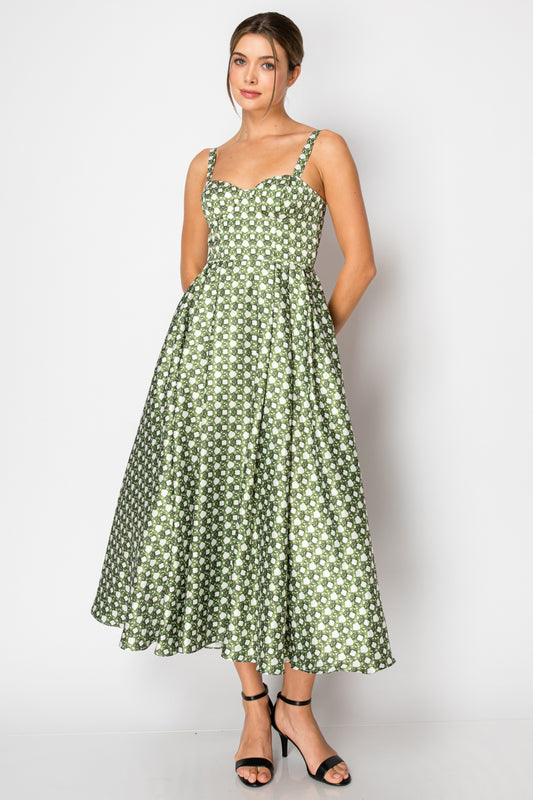 Vestido Midi  Tipo Corset Print Bejuco Verde