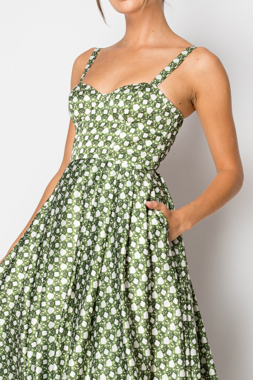 Vestido Midi  Tipo Corset Print Bejuco Verde