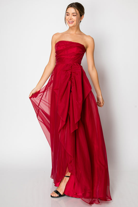 Vestido Largo Organza Dropeado Strapless Rojo quemado