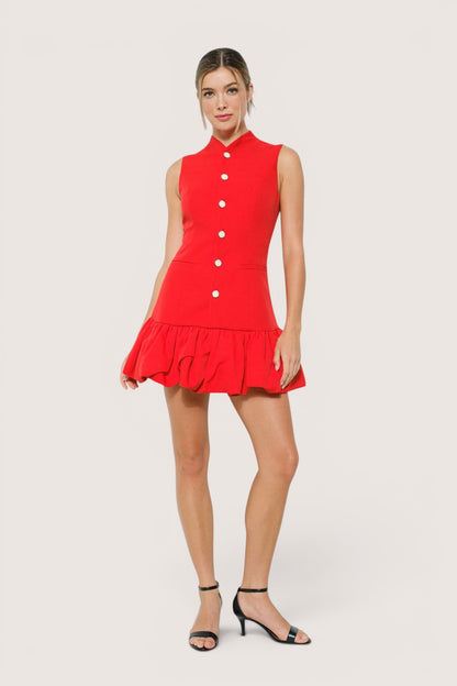 Vestido Corto Camisero sin Mangas Globo