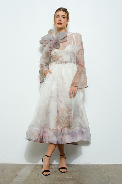 Vestido Midi Organza Manga larga beige