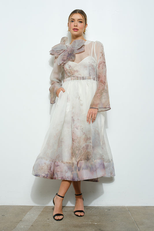 Vestido Midi Organza Manga larga beige