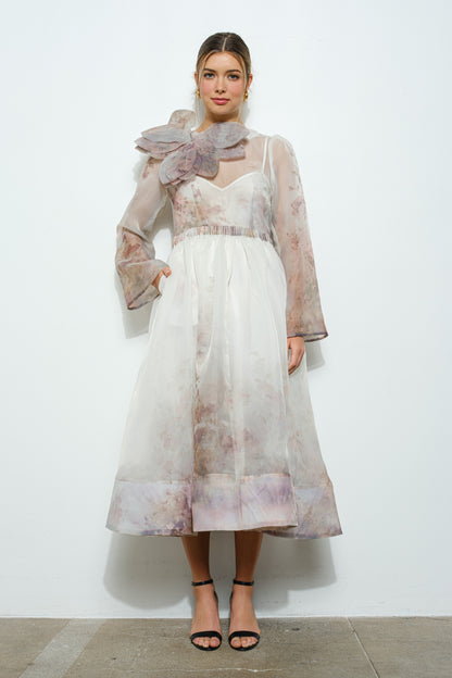 Vestido Midi Organza Manga larga beige