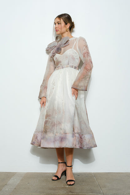 Vestido Midi Organza Manga larga beige