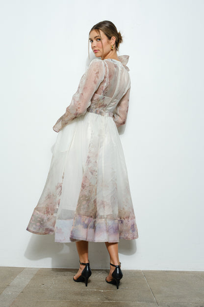 Vestido Midi Organza Manga larga beige