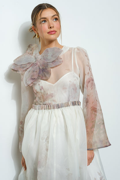 Vestido Midi Organza Manga larga beige