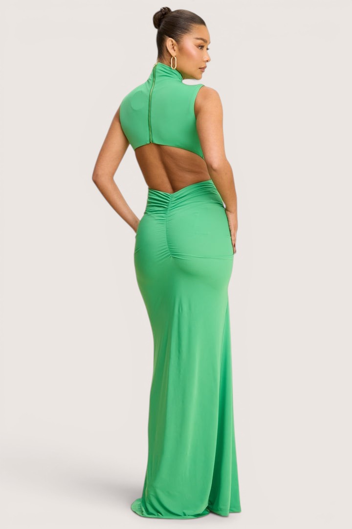 Vestido largo verde jade espalda abierta sirena - vista posterior