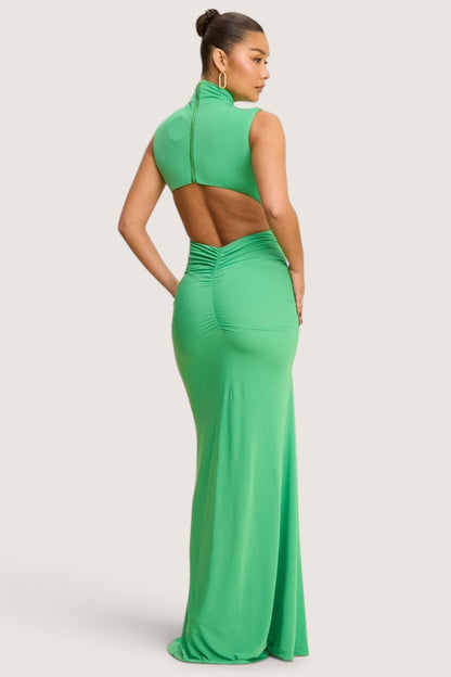 Vestido largo verde jade espalda abierta sirena - vista posterior
