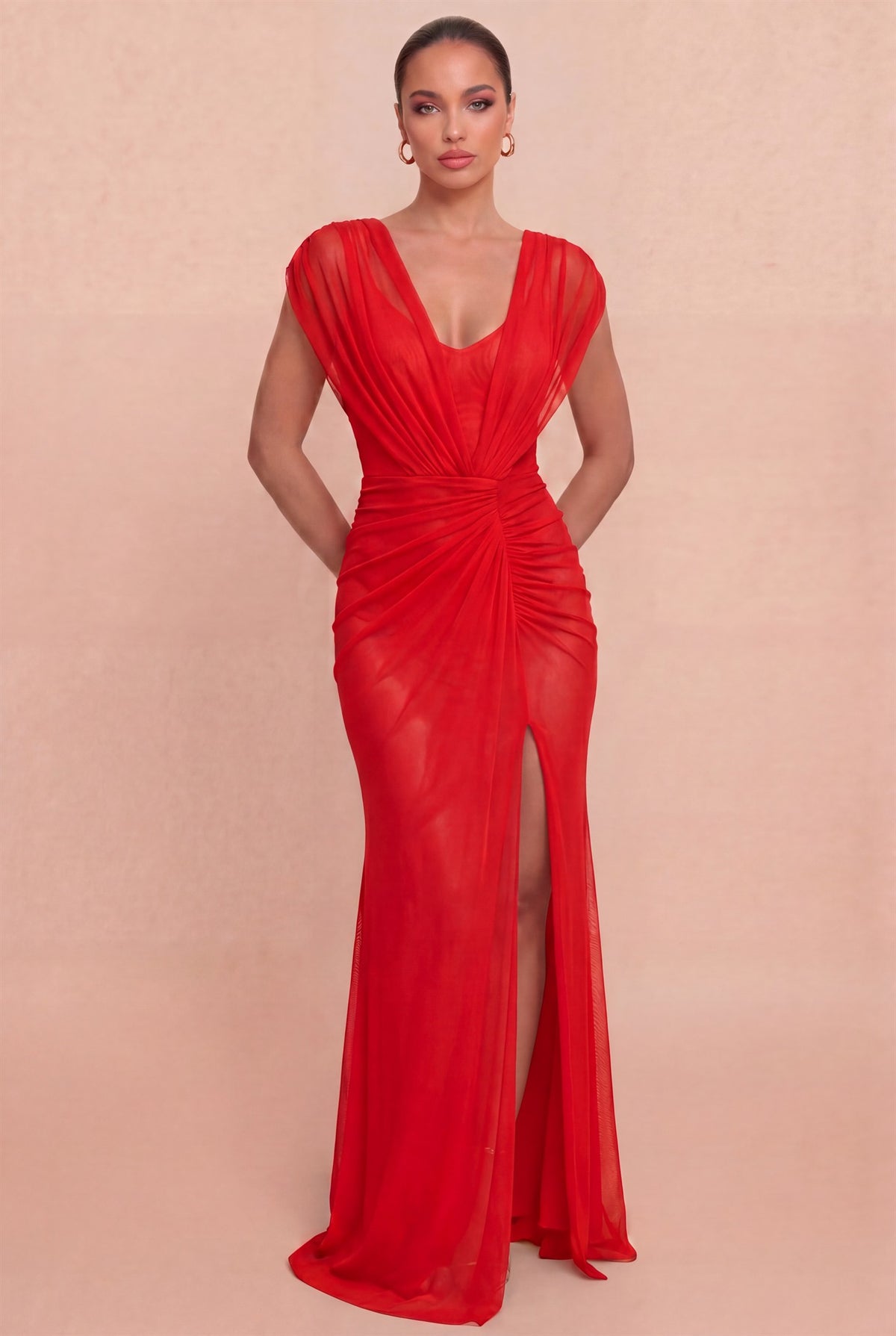 Pink Shop by MAF Vestido largo de mesh drapeado con abertura rojo, vista 1