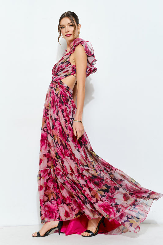 Vestido Maxi Floral con Volantes y Espalda Lace Up fucsia