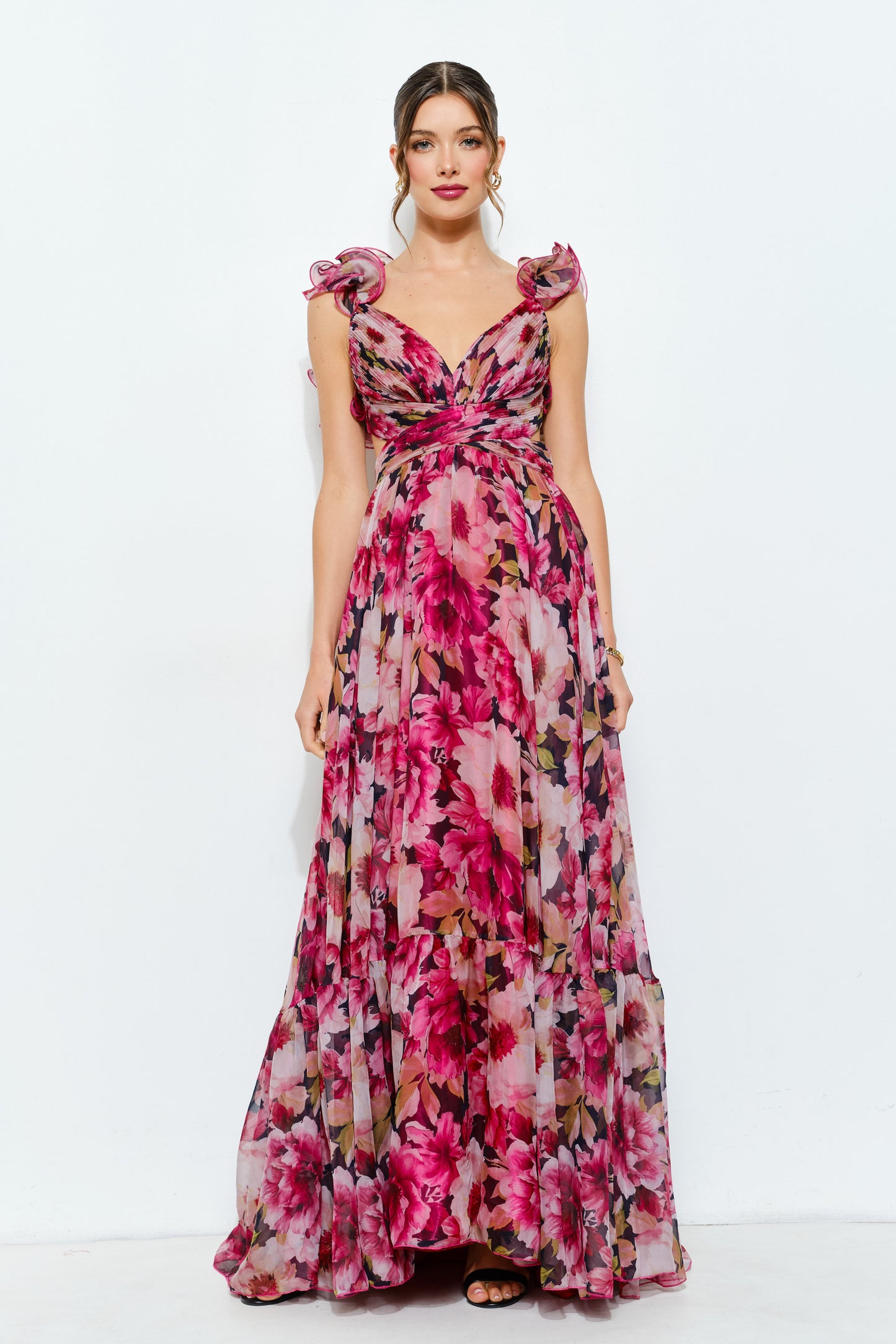 Vestido Maxi Floral con Volantes y Espalda Lace Up fucsia
