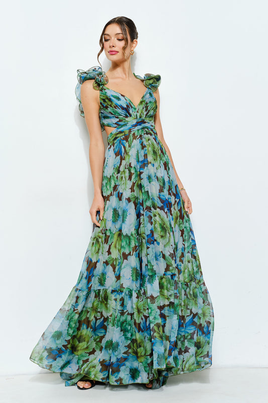 Vestido Maxi Floral con Volantes y Espalda Lace Up Verde