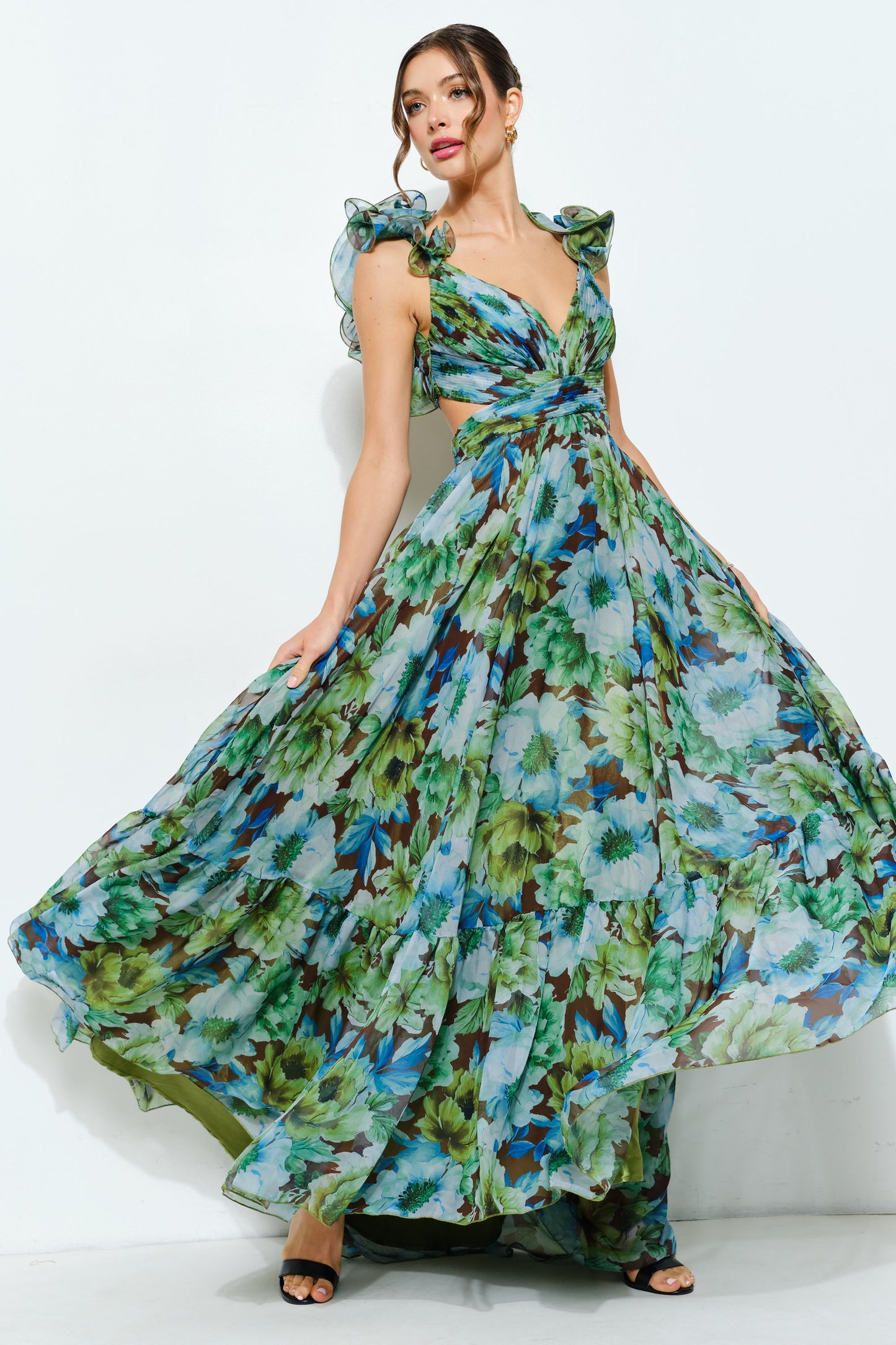Vestido Maxi Floral con Volantes y Espalda Lace Up Verde