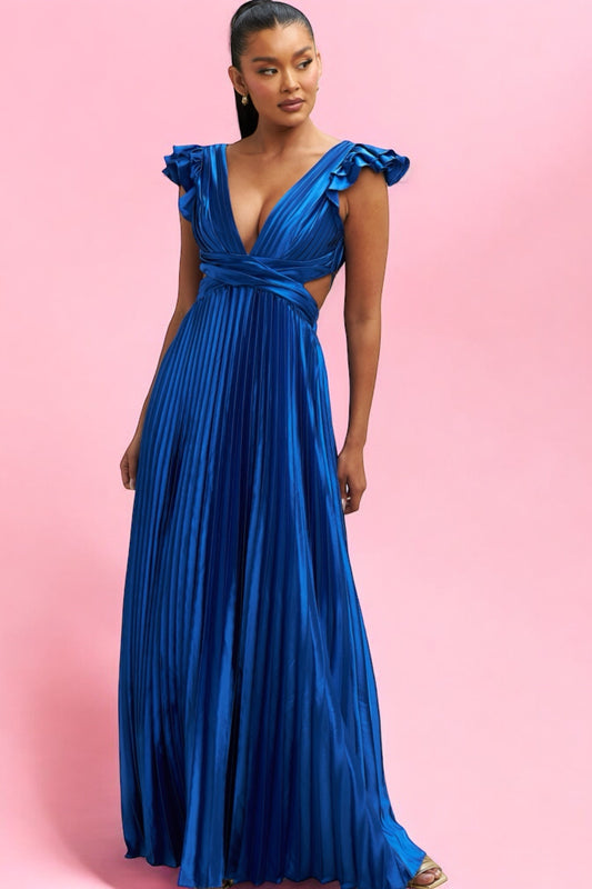 Vestido Largo Plisado Escote V Azul Rey