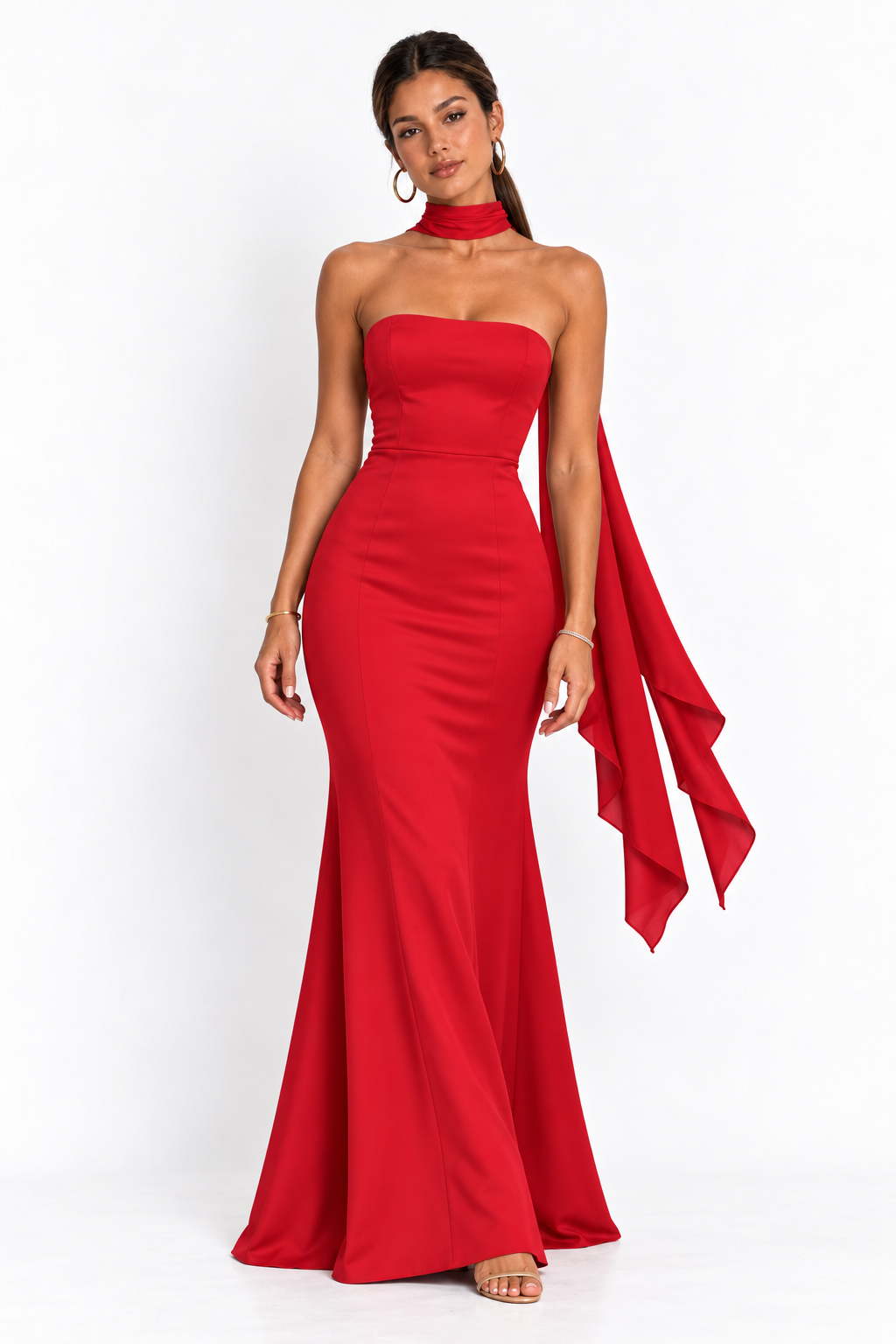 Vestido largo strapless falda sirena con mascada — Rojo