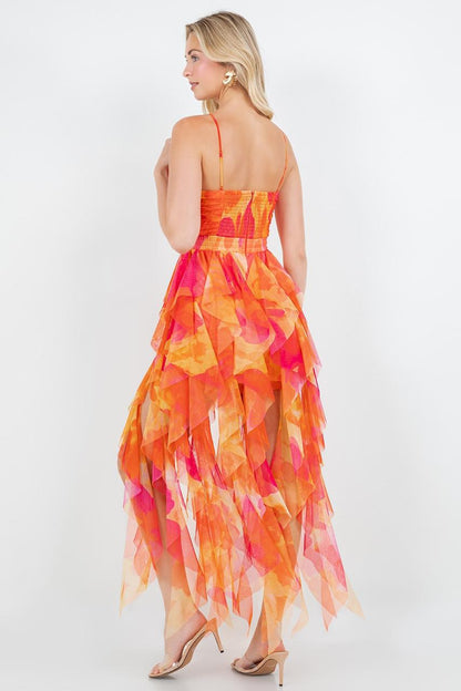 Vestido largo capas print multi naranja