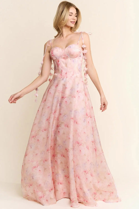 Vestido Largo en A Bustier Tirante Espagueti Rosa | V260213
